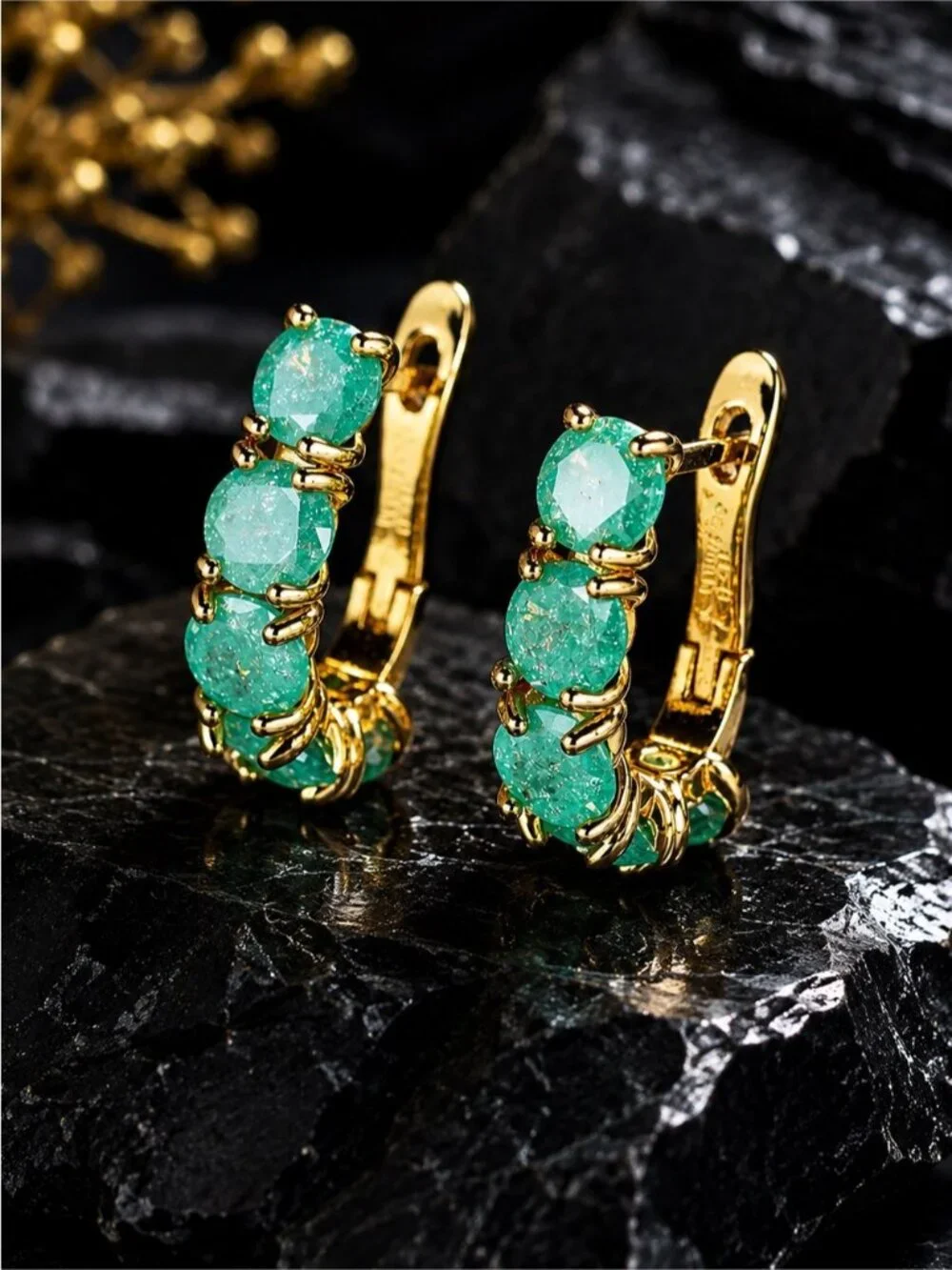Gold tone Hoops with Emerald Green/ blue Gem Clusters